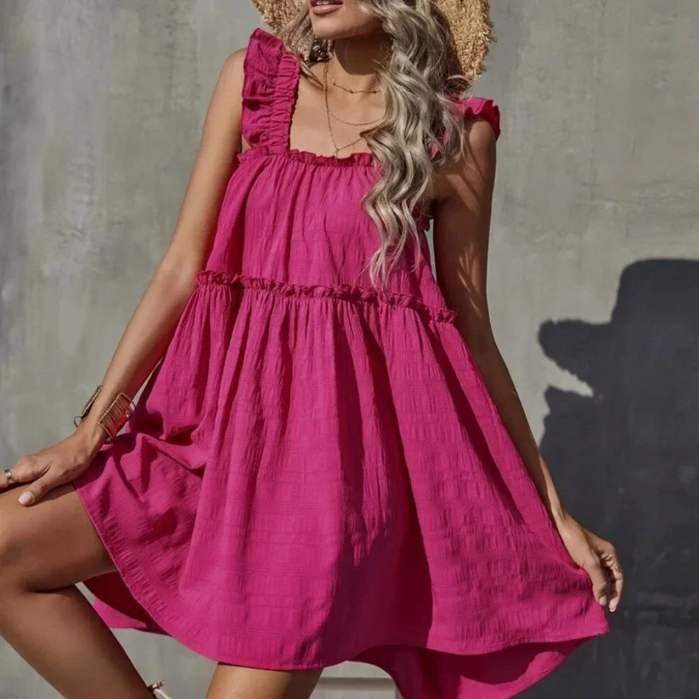 pink  Boho Frill Trim Ruffle Hem Dress - Picture 4 of 6